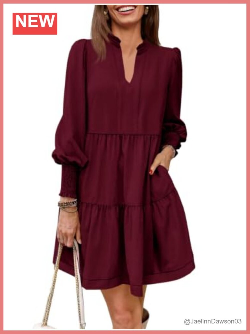 Womens Long Sleeve Tunic Dress V Neck Tiered Casual